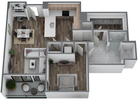 Floor plan for 1 bed, 1 bath, 917 sqft