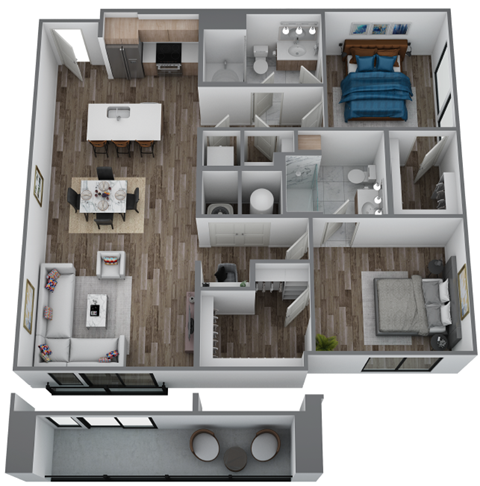 Floor plan for 2 beds, 2 baths, 1223 sqft