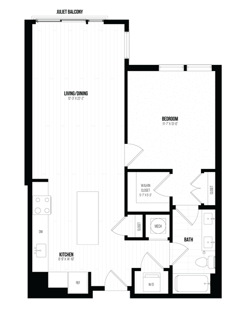 Floor plan for 1 bed, 1 bath, 876 sqft