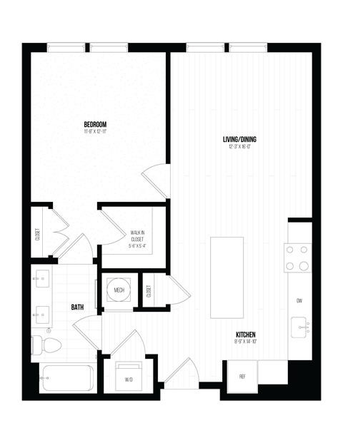 Floor plan for 1 bed, 1 bath, 758 sqft