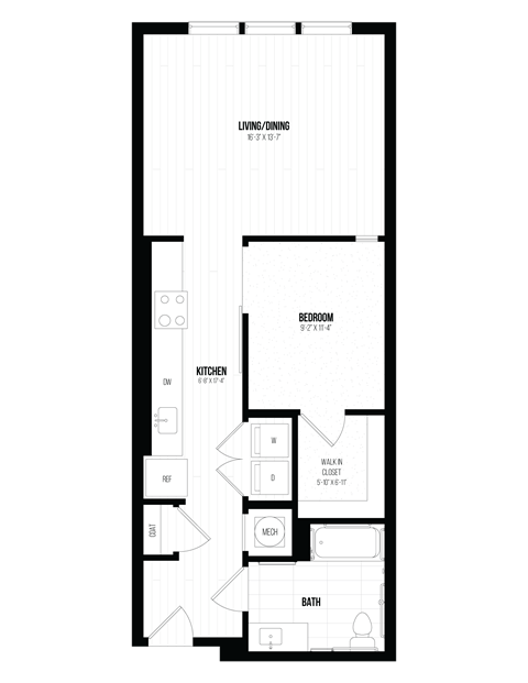 Floor plan for 1 bed, 1 bath, 722 sqft
