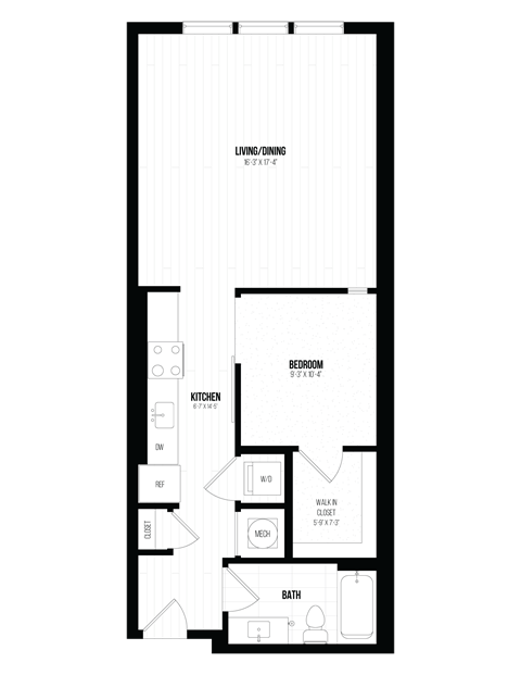 Floor plan for 1 bed, 1 bath, 736 sqft