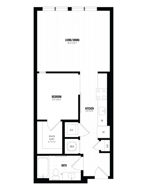 Floor plan for 1 bed, 1 bath, 659 sqft
