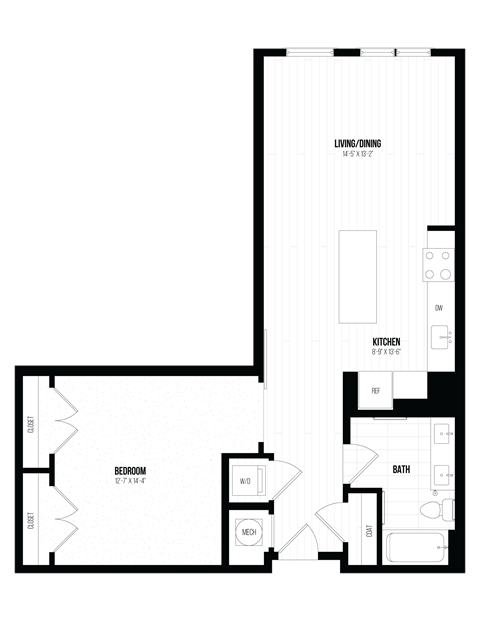 Floor plan for 1 bed, 1 bath, 878 sqft