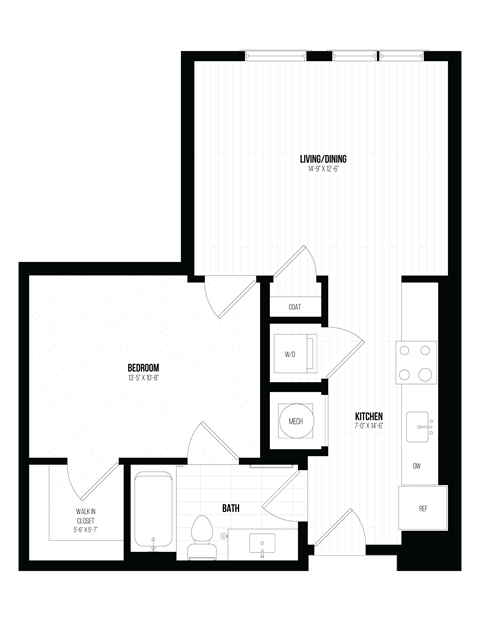 Floor plan for 1 bed, 1 bath, 637 sqft