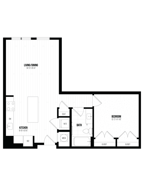 Floor plan for 1 bed, 1 bath, 790 sqft