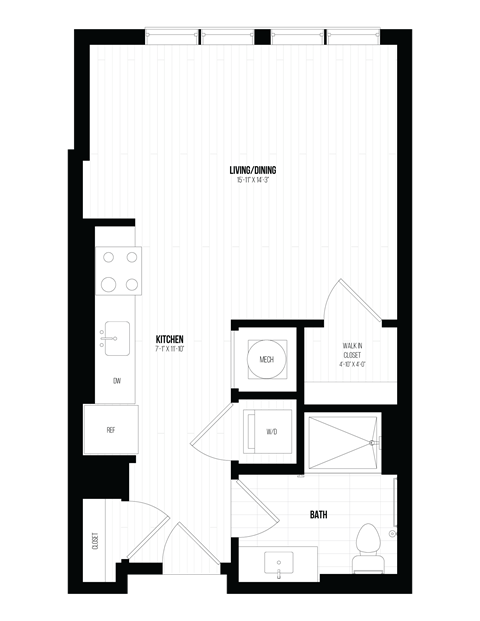 Floor plan for 1 bed, 1 bath, 487 sqft