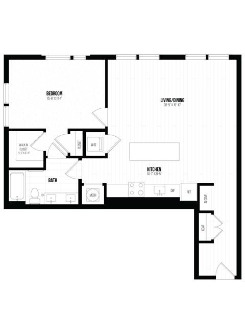 Floor plan for 1 bed, 1 bath, 985 sqft