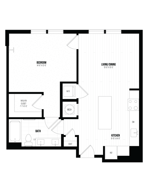 Floor plan for 1 bed, 1 bath, 757 sqft