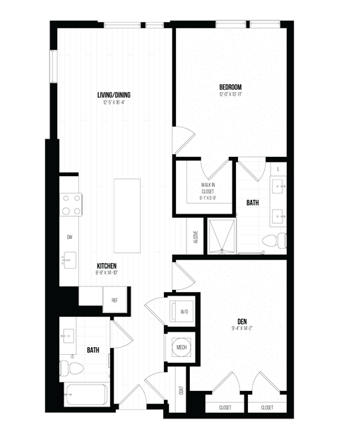 Floor plan for 1 bed, 1 bath, 1078 sqft