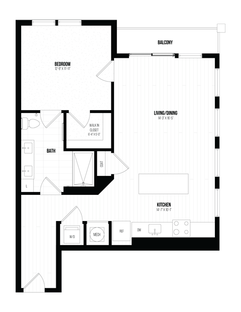 Floor plan for 1 bed, 1 bath, 871 sqft