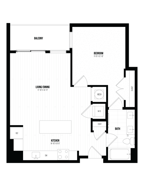Floor plan for 1 bed, 1 bath, 767 sqft