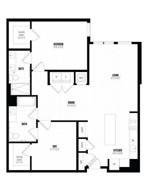 Floor plan for 1 bed, 1 bath, 1279 sqft