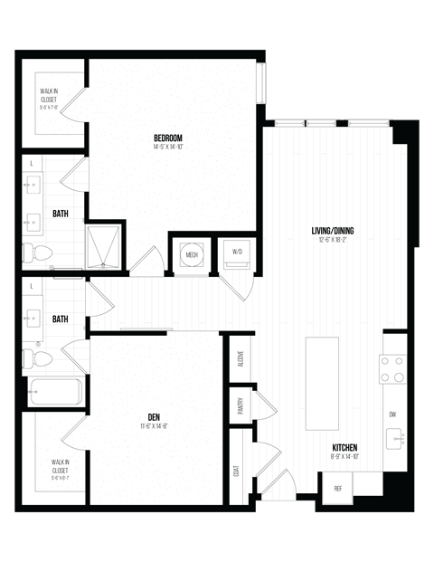 Floor plan for 1 bed, 1 bath, 1279 sqft