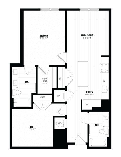 Floor plan for 1 bed, 1 bath, 1041 sqft