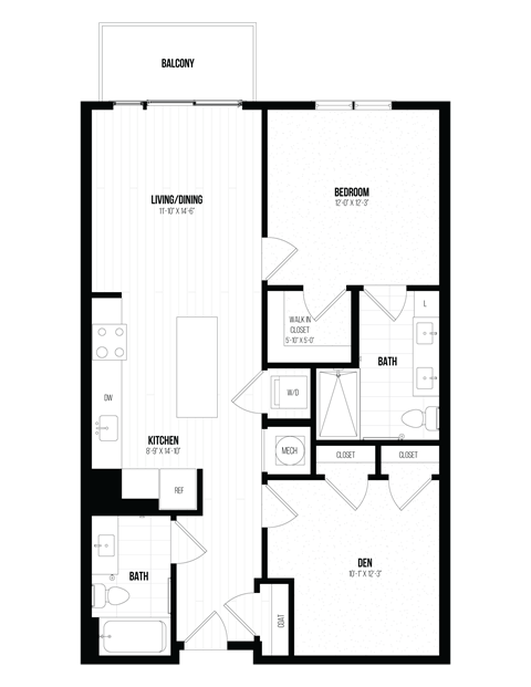 Floor plan for 1 bed, 1 bath, 976 sqft