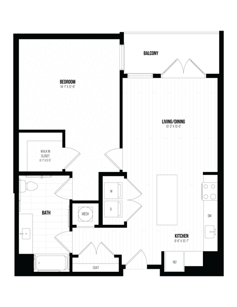 Floor plan for 1 bed, 1 bath, 883 sqft