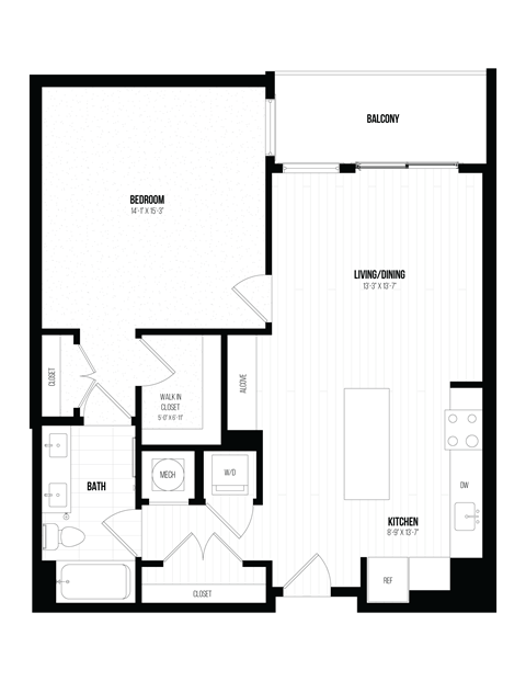 Floor plan for 1 bed, 1 bath, 882 sqft