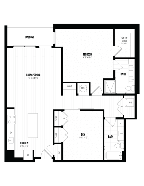 Floor plan for 1 bed, 1 bath, 1333 sqft