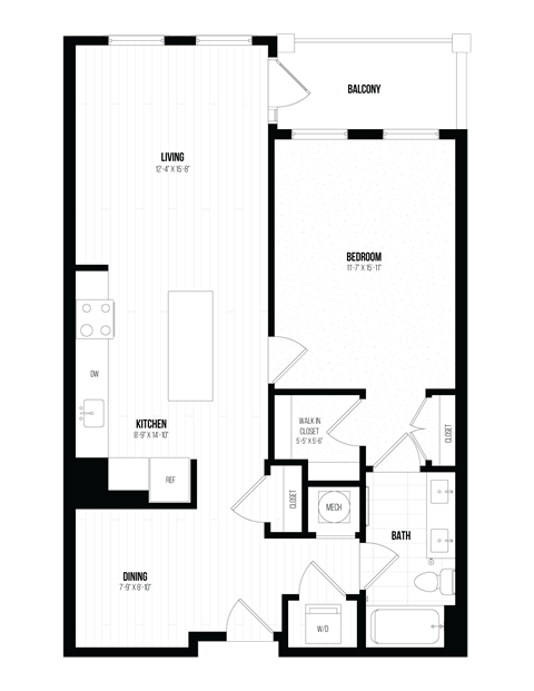Floor plan for 1 bed, 1 bath, 913 sqft