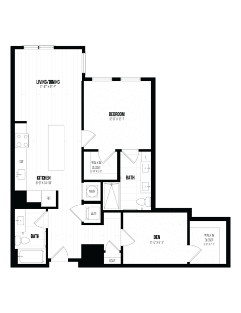 Floor plan for 1 bed, 1 bath, 1030 sqft