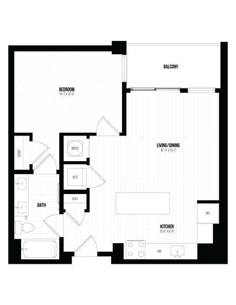 Floor plan for 1 bed, 1 bath, 706 sqft