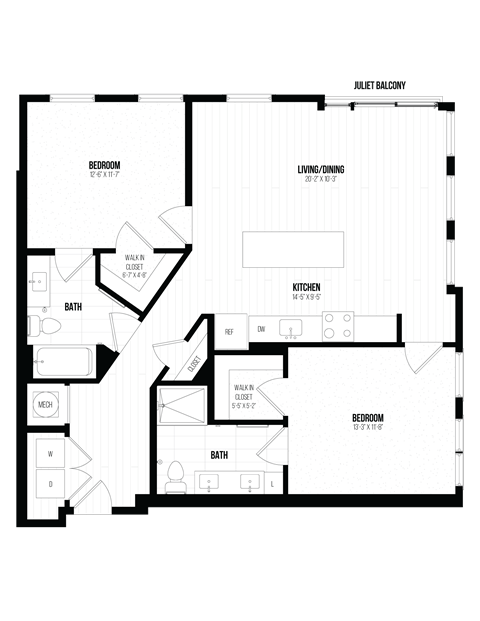 Floor plan for 2 beds, 2 baths, 1112 sqft