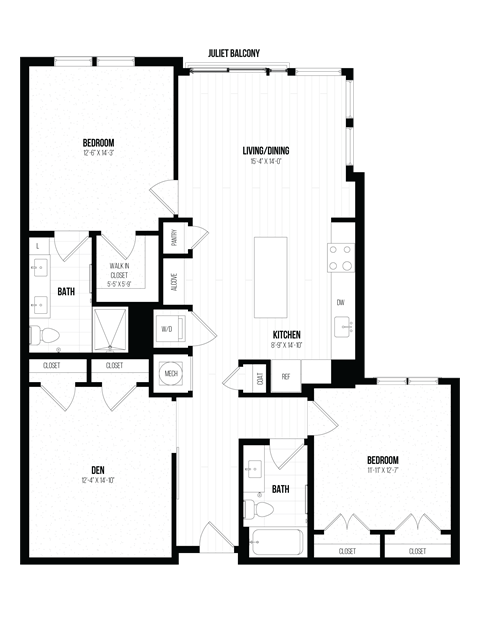 Floor plan for 2 beds, 2 baths, 1384 sqft