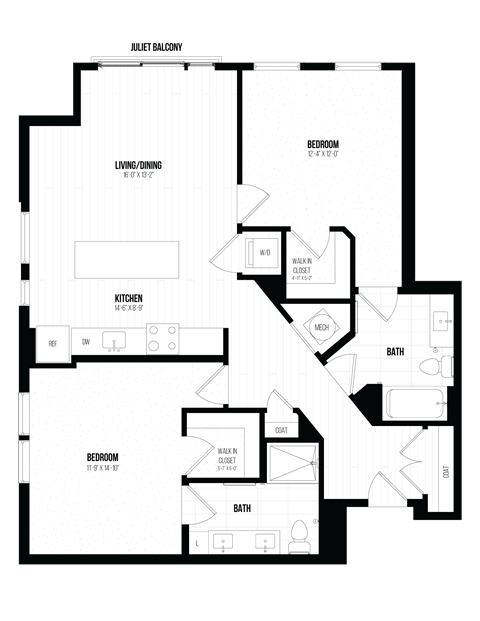 Floor plan for 2 beds, 2 baths, 1169 sqft