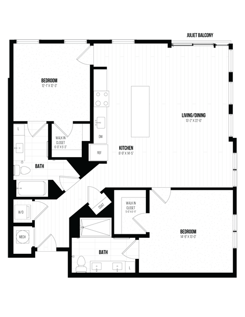 Floor plan for 2 beds, 2 baths, 1264 sqft
