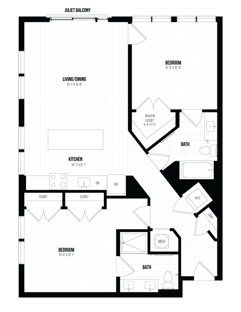 Floor plan for 2 beds, 2 baths, 1152 sqft