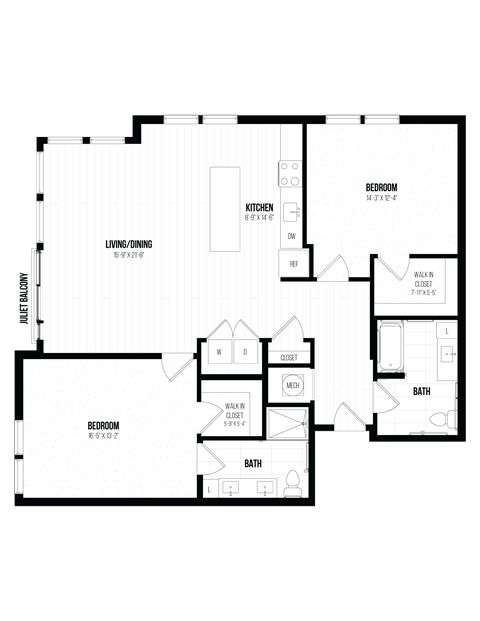 Floor plan for 2 beds, 2 baths, 1380 sqft