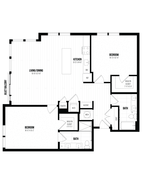 Floor plan for 2 beds, 2 baths, 1380 sqft