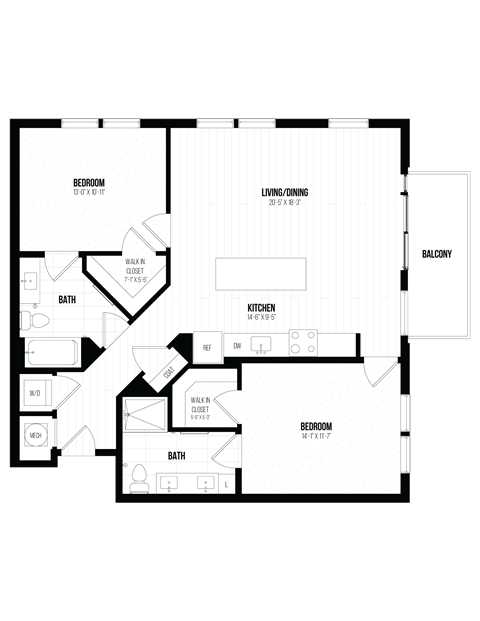Floor plan for 2 beds, 2 baths, 1127 sqft