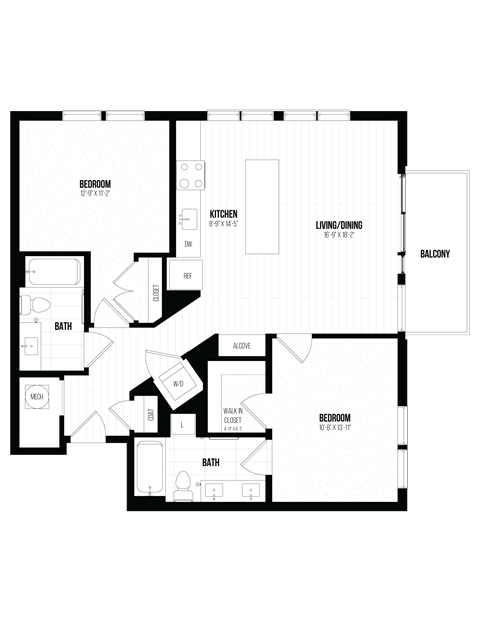 Floor plan for 2 beds, 2 baths, 1055 sqft
