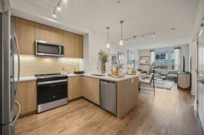 Cambridge apartment for rent - a kitchen with an island and a living room