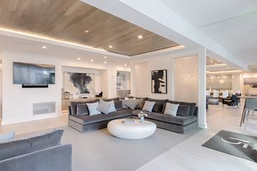 Tampa apartment for rent - A modern living room with a grey sofa and a wooden ceiling.