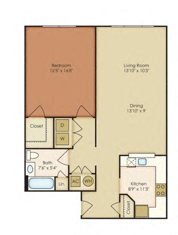 Floor plan for 1 bed, 1 bath, 971 sqft