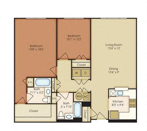 Floor plan for 2 beds, 2 baths, 1208 sqft