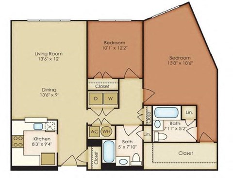 Floor plan for 2 beds, 2 baths, 1294 sqft