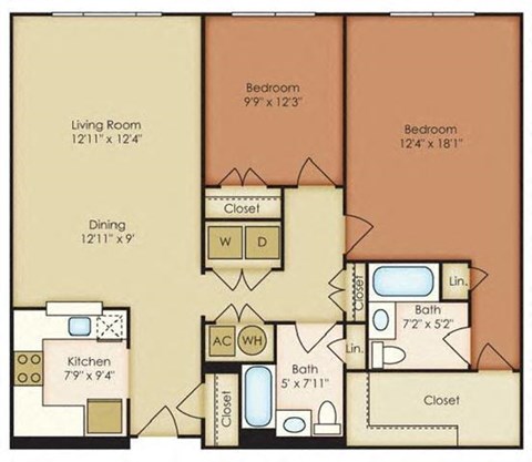 Floor plan for 2 beds, 2 baths, 1194 sqft