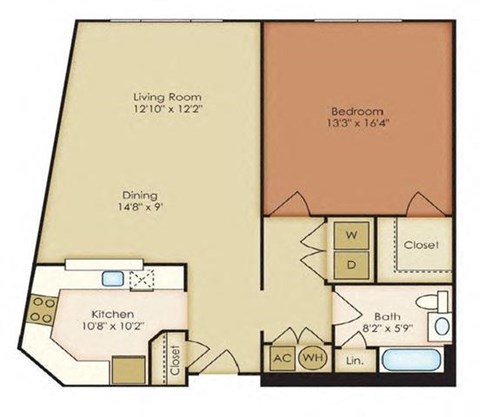 Floor plan for 1 bed, 1 bath, 957 sqft