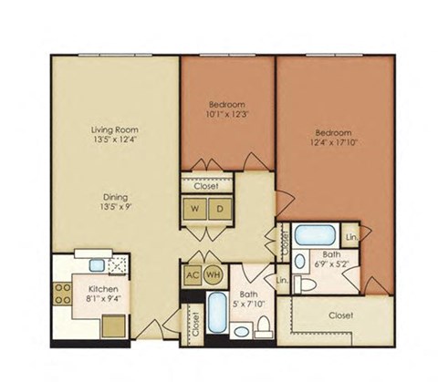 Floor plan for 2 beds, 2 baths, 1211 sqft