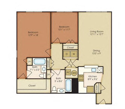 Floor plan for 2 beds, 2 baths, 1283 sqft