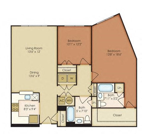 Floor plan for 2 beds, 2 baths, 1284 sqft
