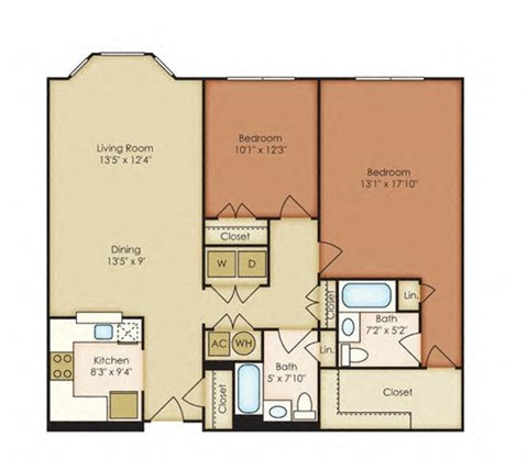 Floor plan for 2 beds, 2 baths, 1261 sqft