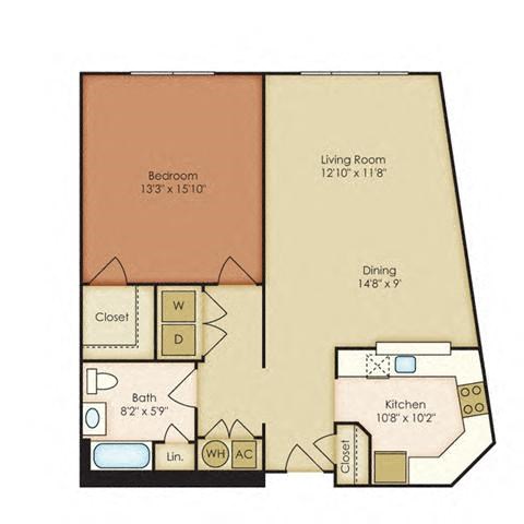 Floor plan for 1 bed, 1 bath, 938 sqft