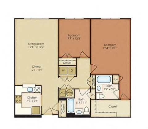 Floor plan for 2 beds, 2 baths, 1104 sqft