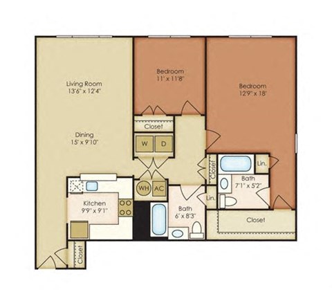 Floor plan for 2 beds, 2 baths, 1388 sqft