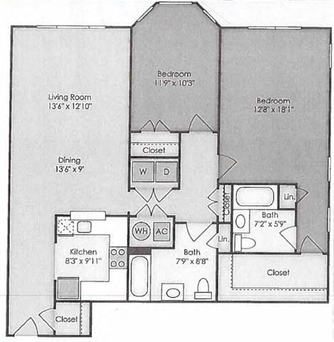 Floor plan for 2 beds, 2 baths, 1394 sqft